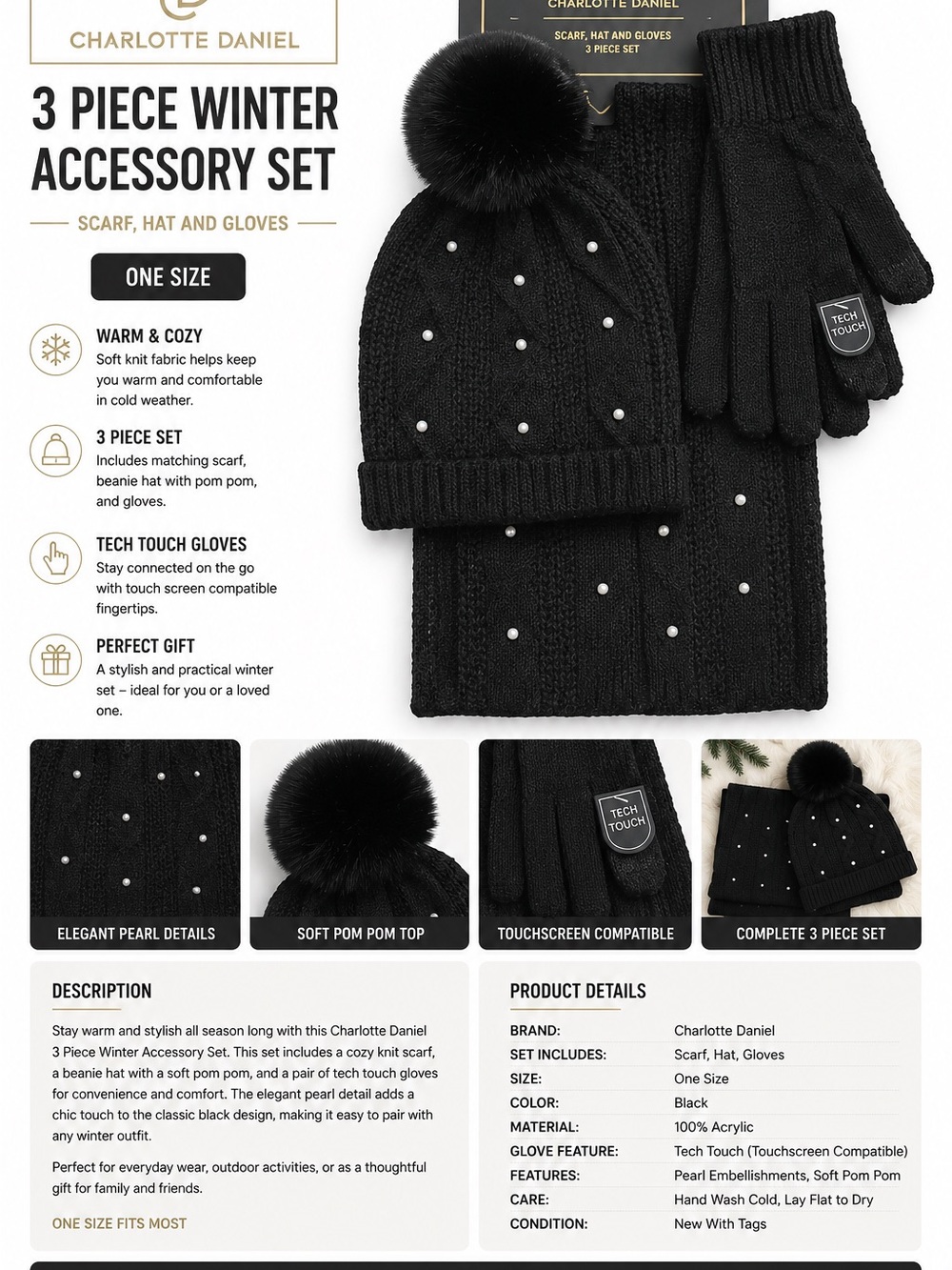 Women 3-Piece Black Winter Accessory Set - Beanie, Scarf & Tech Gloves